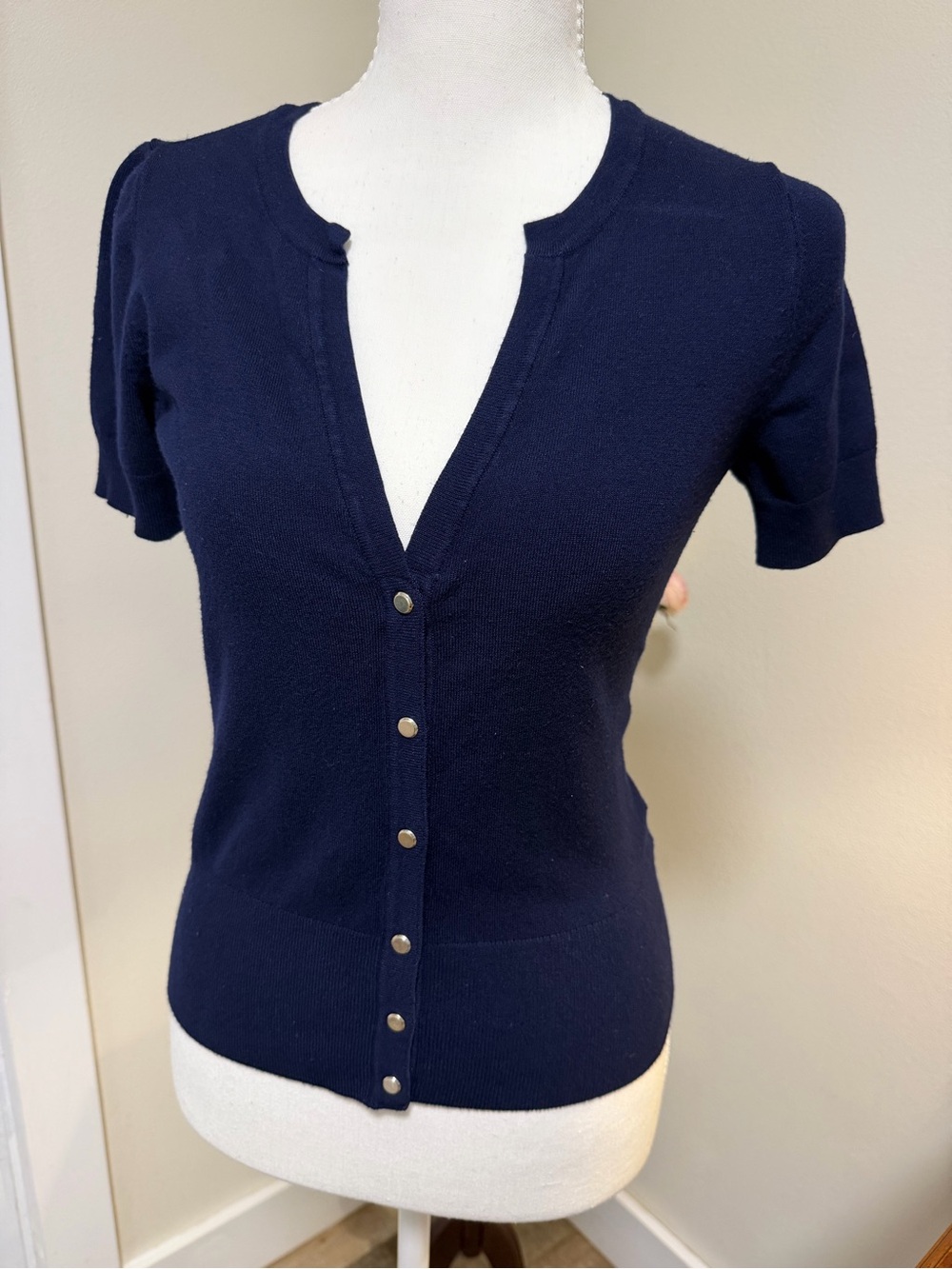 White House Black Market Navy Short-Sleeve Button-Front Knit Top
